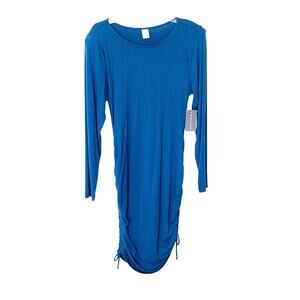 MELROSE & MARKET MIDI BODYCON DRESS, WOMENS, L, BLUE, DRAWSTRING RUCHING